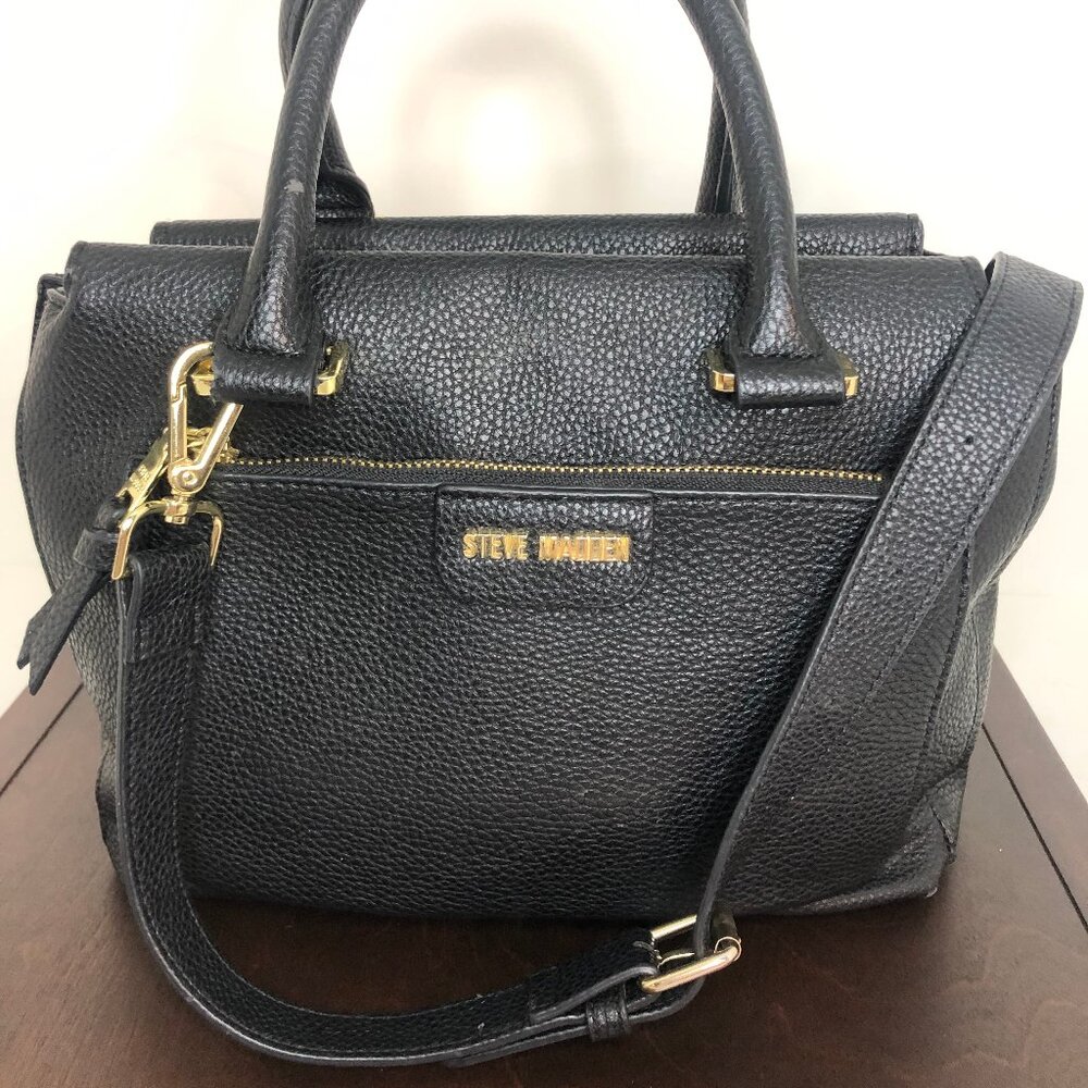 Steve Madden Black Pebbled Faux Leather Satchel with Detachable Shoulder Strap